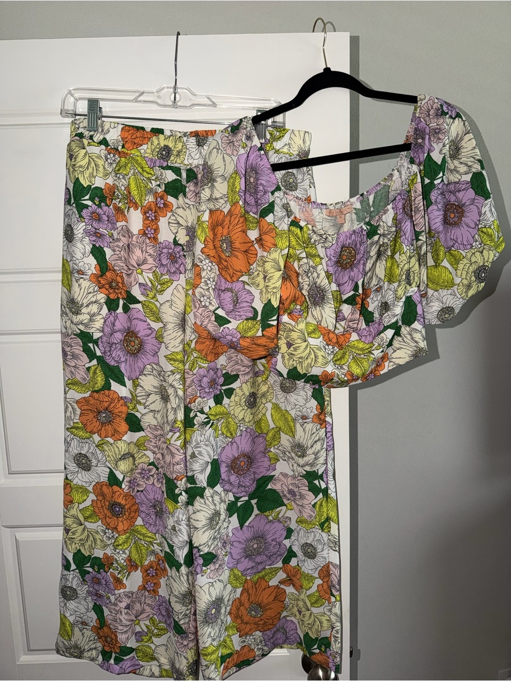 Floral Two-Piece Pant Set in White with Orange & Purple Blooms